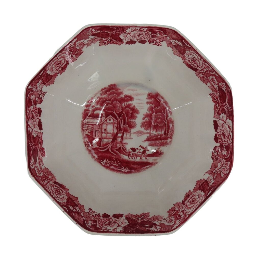 Enoch Woods English Scenery 6.9in Floral Countryside Woodsware Red Bowl England